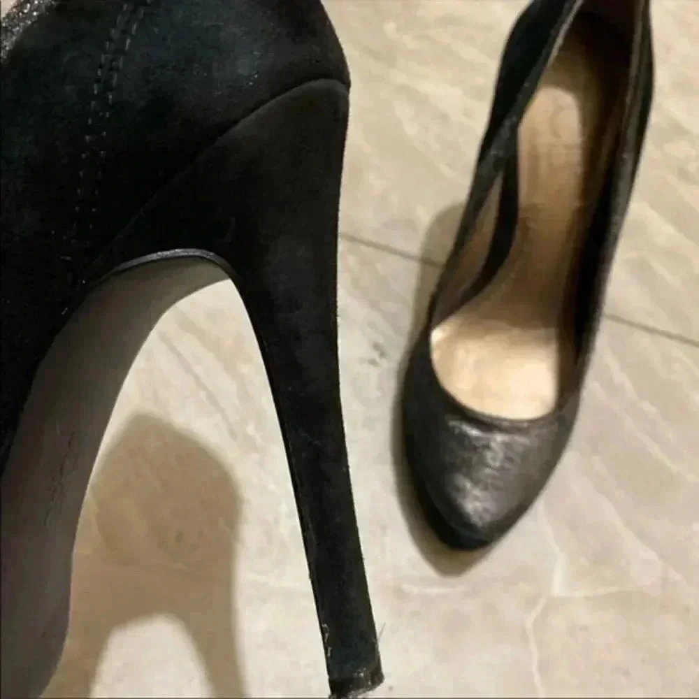 BCBG Black Shimmer Suede Pumps | Classic Pointed Toe Heels